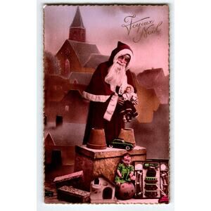 Santa Claus Hold Doll Christmas Postcard Old World France Gel Church Toys Noel